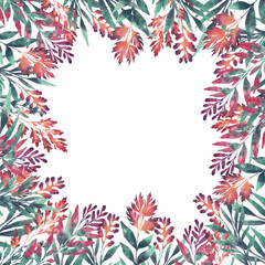 A watercolor frame of autumn twigs and grasses in red, orange, crimson, and emerald hues on a white background, creating a delicate, warm, and vibrant botanical border with soft, airy charm.