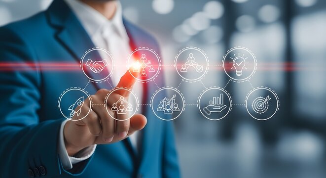 Businessman interacting with a digital interface, showcasing business innovation, strategy and future growth