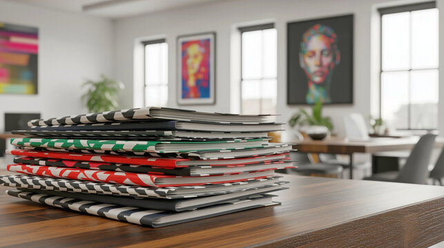 A stack of notebooks with various covers sits on a wooden table, in an office or home setting with artwork on the walls