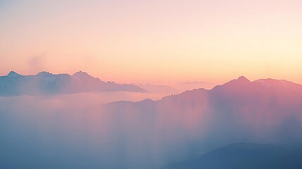 Watercolor painting background, mountains in the morning mist, soft pastel sunrise colors, gentle brush strokes, paper texture, dreamy and ethereal, light and airy