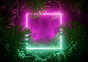 Vibrant neon square frame glowing amidst lush tropical leaves with futuristic pink and green light