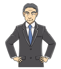 腰に手をあててニヤニヤしているスーツの中年男性（上半身）