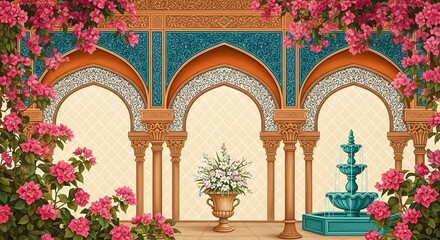 Ornate garden with traditional arabian architecture, decorative arches, columns, a fountain and vibrant pink bougainvillea