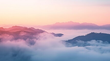 Obraz premium Watercolor painting background, mountains in the morning mist, soft pastel sunrise colors, gentle brush strokes, paper texture, dreamy and ethereal, light and airy 