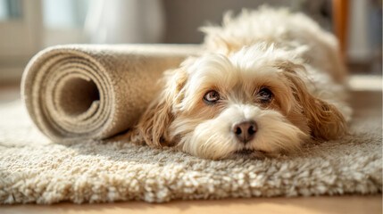 Cute puppy dog relaxing on soft carpet looking