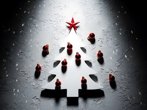 Minimalistic white christmas tree shape with red star and festive ornaments on textured grey background, holiday concept - Powered by Adobe