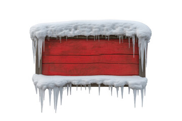 Red wooden sign covered in snow and icicles isolated on a transparent background image