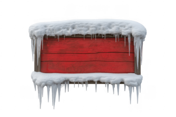 Red wooden sign covered in snow and icicles isolated on a transparent background image