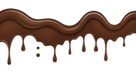 Rich brown liquid chocolate flowing and dripping in wavy lines isolated on a transparent background