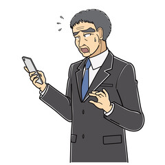 困った表情でスマートフォンを見ているスーツの中年男性・斜め左向き（上半身）