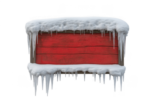 Red wooden sign covered in snow and icicles isolated on a transparent background image - Powered by Adobe