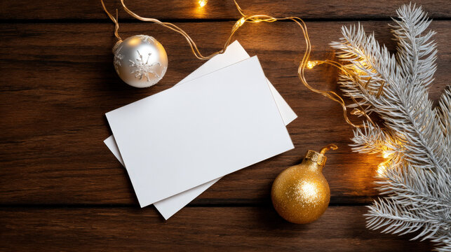 Blank Christmas card mockup on wooden table with golden ornaments and fairy lights, ideal for holiday greetings and festive design projects with copy space
