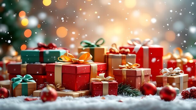 Beautiful Christmas presents with ribbons and falling snow create a magical holiday scene, perfect for seasonal greetings and festive promotions