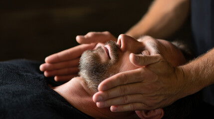 Man receiving relaxing facial massage treatment at spa