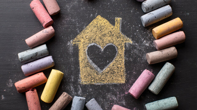 Chalk drawing of house with heart shape