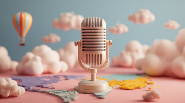 Vintage microphone on world map with clouds hot air balloon