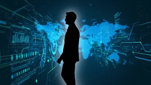 Man silhouette walks before digital world map and interface graphics