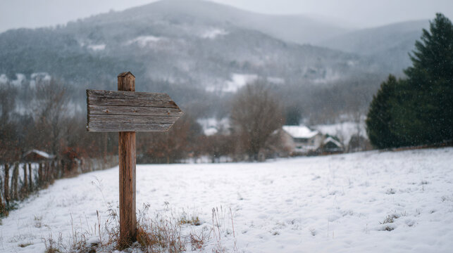 Wooden signpost in snowy winter mountain landscape