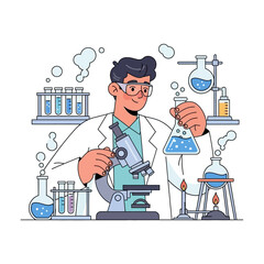 Scientist in Lab Coat Conducting Scientific Experiment with Glassware and Microscope in the