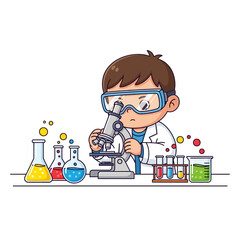 Illustration of a Young Scientist Conducting an Experiment with Microscope and Chemical Beakers