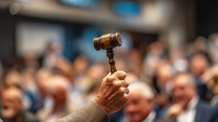 Auctioneer holding gavel during bidding at crowded auction