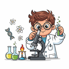 Young scientist's lab exploration in a vibrant cartoon setting showcasing scientific curiosity