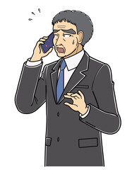 困った表情で電話しているスーツの中年男性（上半身）