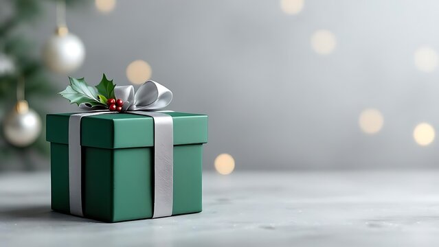Elegant green Christmas gift box with silver ribbon and festive holly berries for joyful holiday season celebrations and warm wishes this year