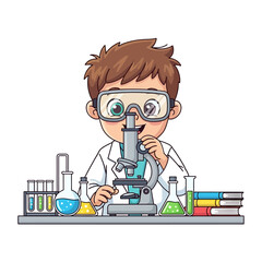 Animated young scientist engrossed in scientific research with microscope and glassware tools