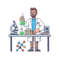 Scientist in Laboratory with Beakers, Microscope, and Molecular Structure Illustration