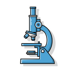 Illustration of a stylized blue microscope against a white background for scientific research