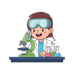 Enthusiastic cartoon scientist exploring with microscope in laboratory setting, for education and