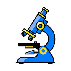 Simplified blue microscope illustration with yellow accents for scientific learning and research