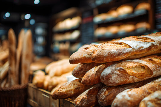 Freshly baked French bread against the background of shelves with pastries, bakery
