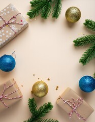 Christmas Flat Lay with Gift Boxes, Red Ornaments and Fir Branches on White Background &ndash; Festive Holiday Frame