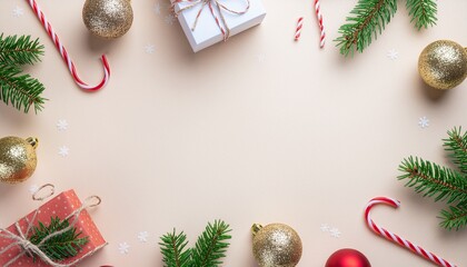 Christmas Flat Lay with Gift Boxes, Red Ornaments and Fir Branches on White Background &ndash; Festive Holiday Frame