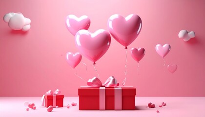 Pink gift box with heart shaped balloons and ribbon for romantic Valentine's Day celebration illustration