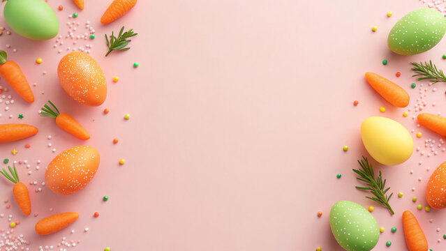 Brightly colored Easter eggs in green, yellow, and orange surround cute carrot-shaped candies on a pink surface - Powered by Adobe