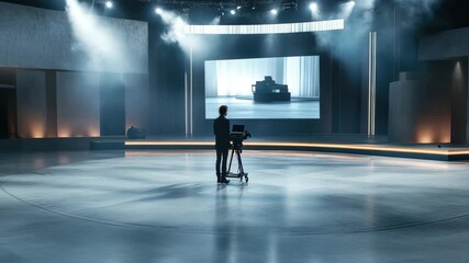 TV presenter preparing for live broadcast on an empty stage with dramatic lighting effects, TV presenter stage