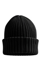Dark ribbed beanie hat with folded brim on plain backdrop