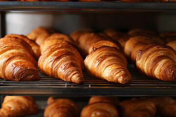 Freshly baked croissants on metal shelves