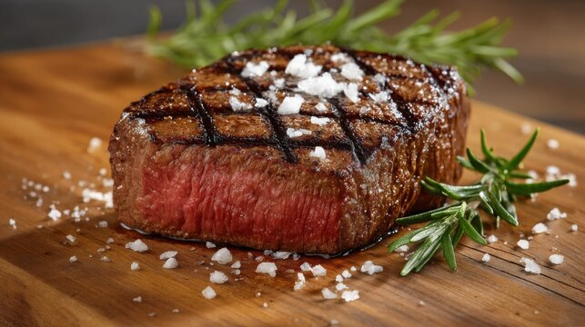 Succulent Grilled Steak with Perfect Grill Marks Surrounded by Fresh Herbs and Coarse Sea Salt on a Wooden Cutting Board Background - Powered by Adobe
