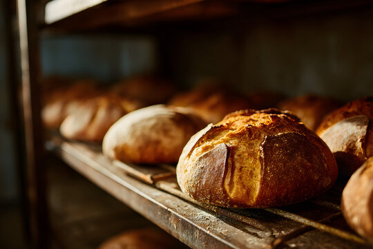 Freshly baked loaves of bread on metal shelves