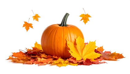 Autumnal Pumpkin Display with Falling Leaves on White Background.