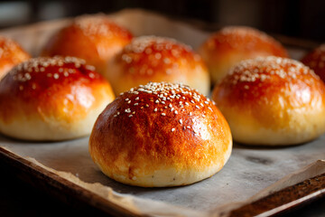 Freshly baked round buns with sesame seeds on parchment