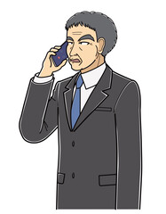 スマートフォンで電話しているスーツの中年男性（上半身）