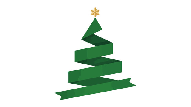 Festive Green Ribbon Tree: A minimalist depiction of a Christmas tree is crafted from a continuous green ribbon, symbolizing the spirit of the season. Atop the tree, a gold star gleams.