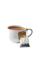 Mug filled with tea, a tea bag hanging over the edge