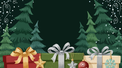Fototapeta premium Playful winter greeting card scene with hand-drawn style pine trees on both sides