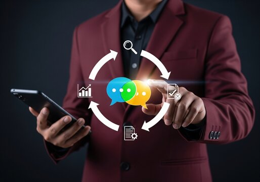 Business communication and data analysis, network connection, and digital marketing strategy icons on dark background